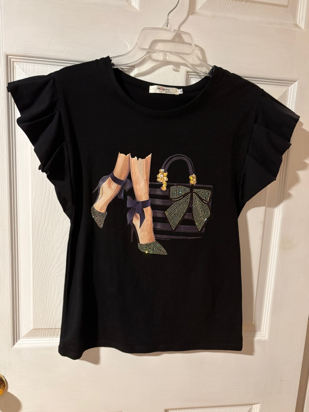 In 2 You Women's Black Ruffle Sleeve Tee with Rhinestone Shoes and Bow Graphic S